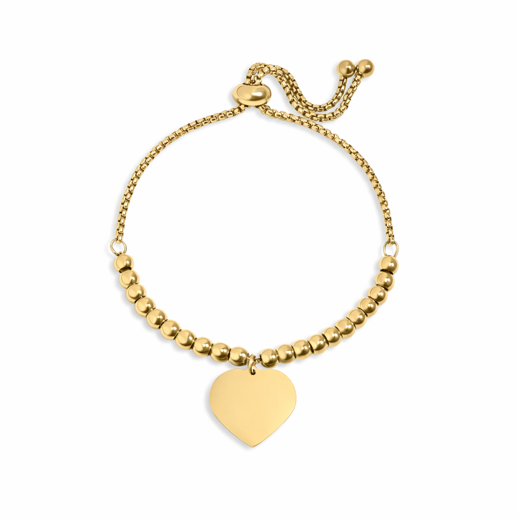 18K Gold PVD Stainless Steel Adjustable Engravable Heart Beaded Bracelet