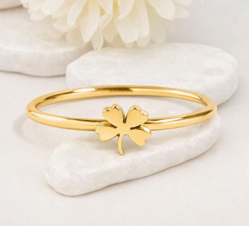 18K Gold PVD Stainless Steel Four Leaf Clover Symbol Ring