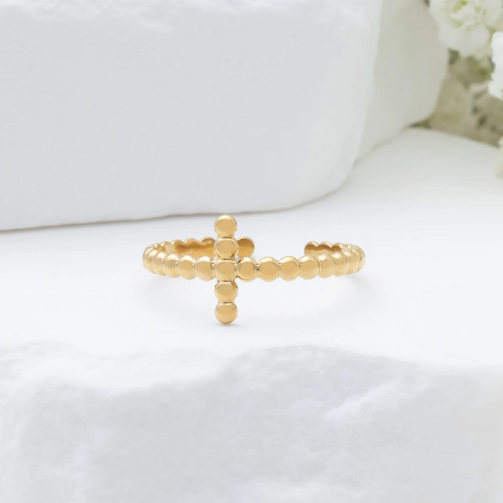18K Gold PVD Stainless Steel Beaded Cross Adjustable Ring