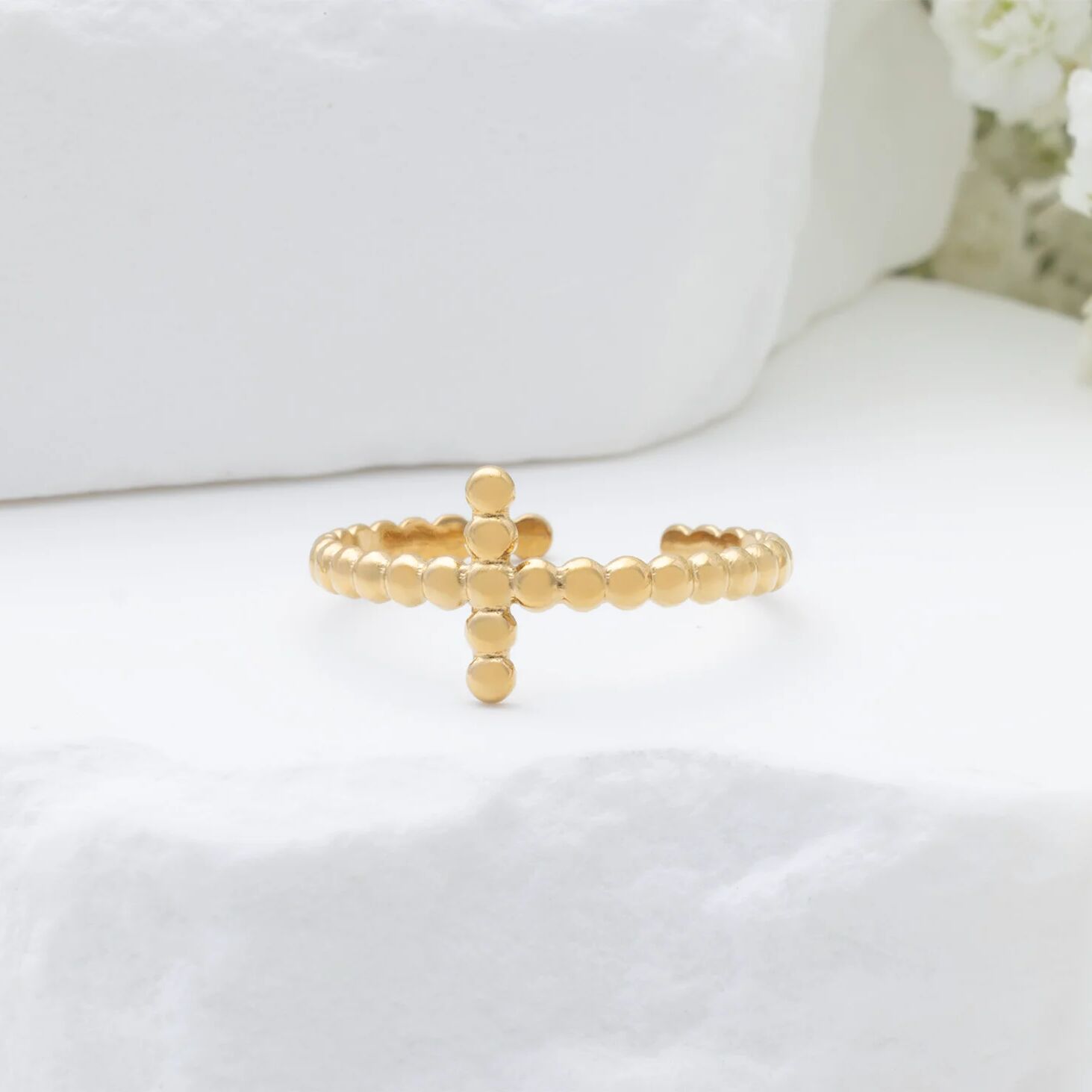 18K Gold PVD Stainless Steel Beaded Cross Adjustable Ring