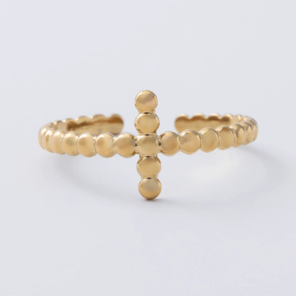 18K Gold PVD Stainless Steel Beaded Cross Adjustable Ring