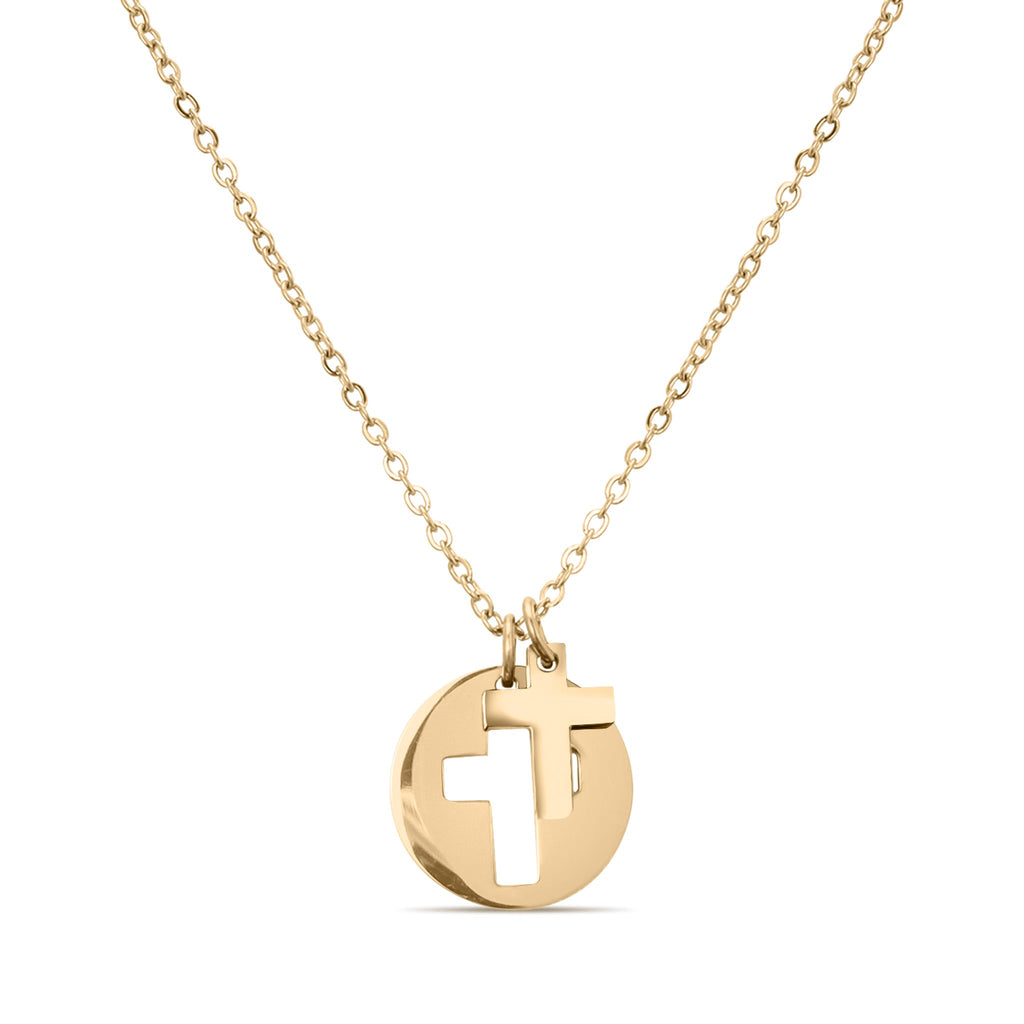 18K Gold PVD Stainless Steel Cutout Cross Charm Necklace