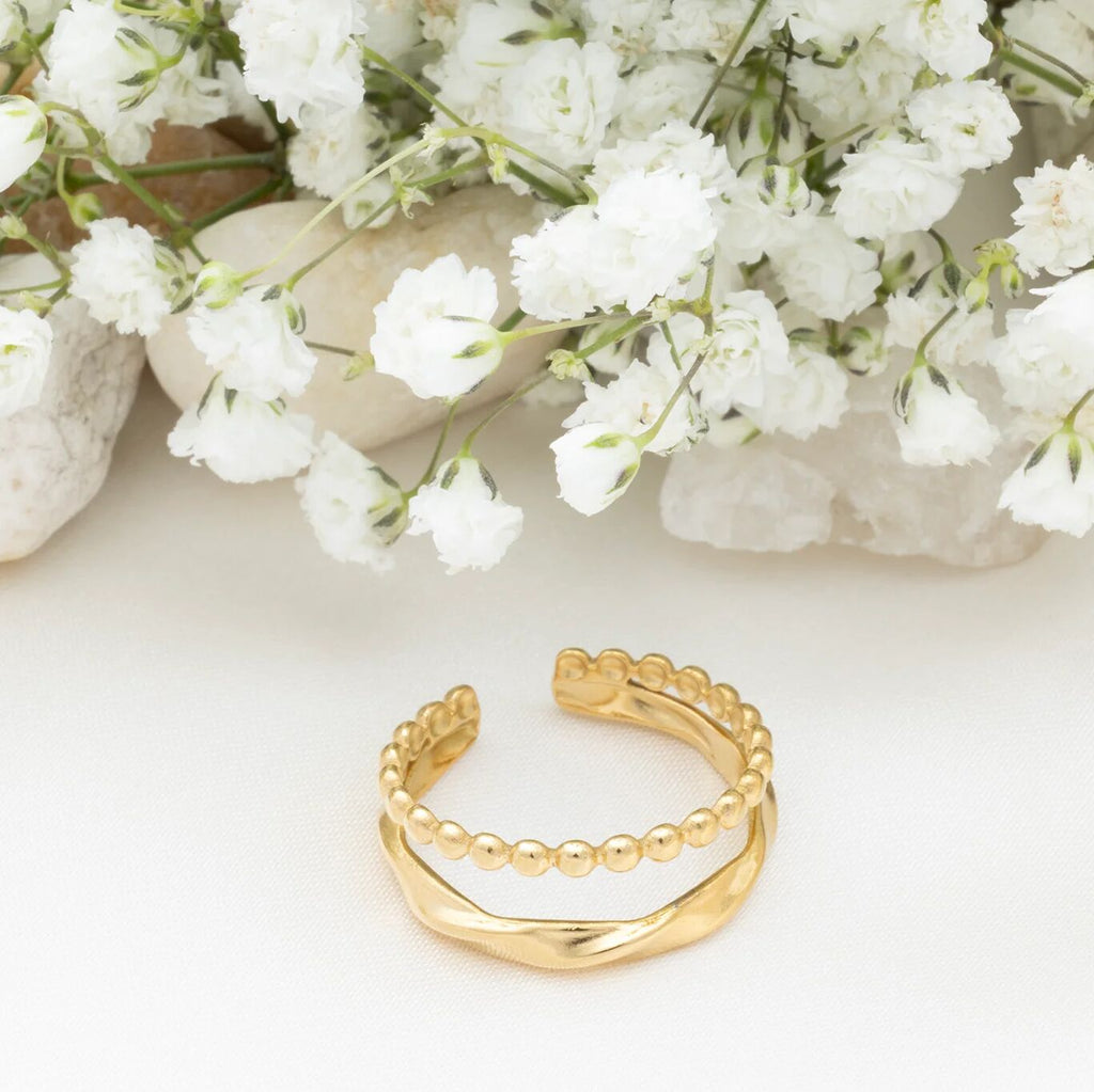 18K Gold PVD Stainless Steel Double Beaded Adjustable Ring